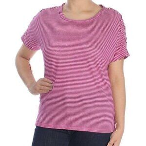 NEW LAUREN RALPH LRL Purple White Striped Lace Up Top Linen Cotton Short Sleeve